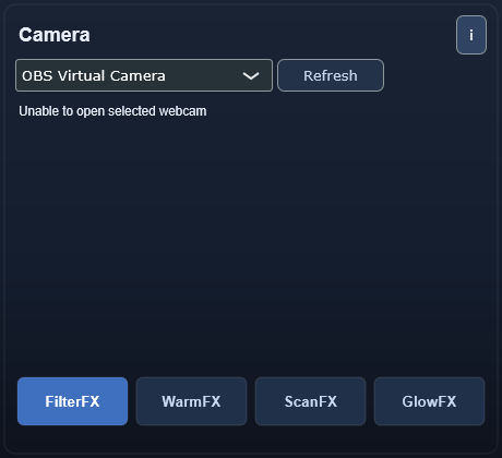 Camera interface - Webcam preview with stackable on-screen camera FX toggles.