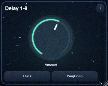 Delay 1-8 interface - Tempo-synced eighth-note delay for stackable rhythmic echoes with controlled saturation.