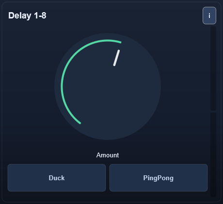 Delay 1-8 interface - Tempo-synced eighth-note delay for stackable rhythmic echoes with controlled saturation.