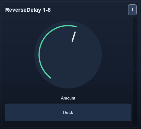 ReverseDelay 1-8 interface - Tempo-synced reverse eighth delay with macro wet/feedback control.