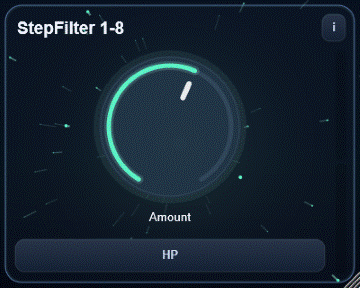 StepFilter 1-8 interface - Tempo-stepped filter movement with stable resonance and LP/HP mode.