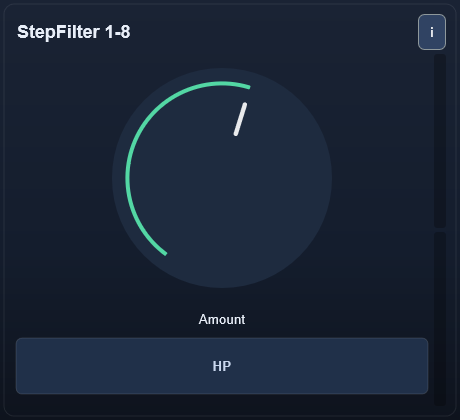 StepFilter 1-8 interface - Tempo-stepped filter movement with stable resonance and LP/HP mode.
