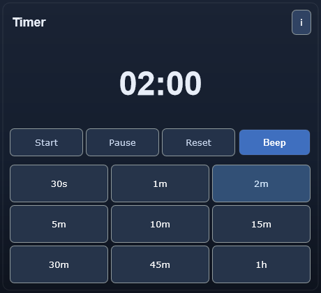 Timer interface - Session timer utility with quick duration presets and start/pause/reset controls.